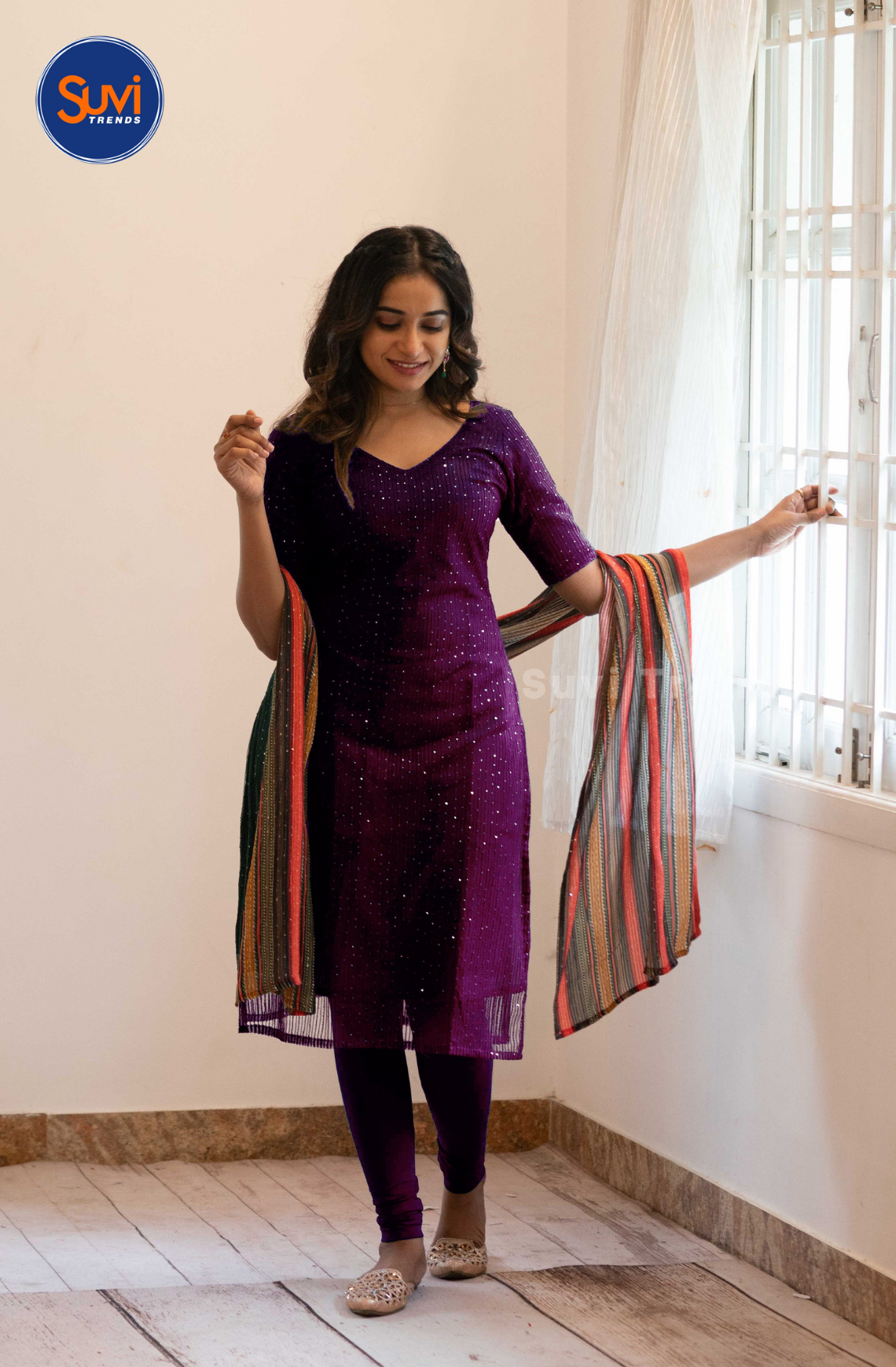 Wine Net Sequins Top with Multi-Colour Dupatta