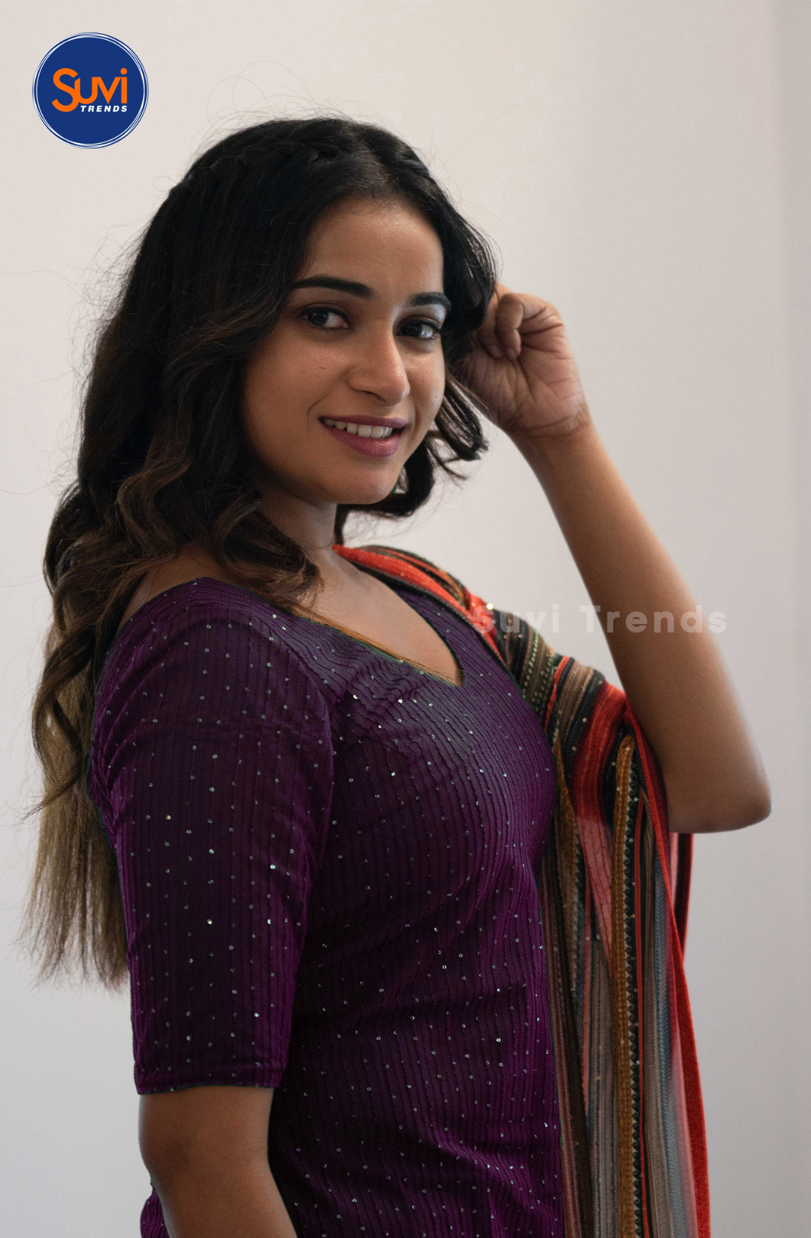 Wine Net Sequins Top with Multi-Colour Dupatta