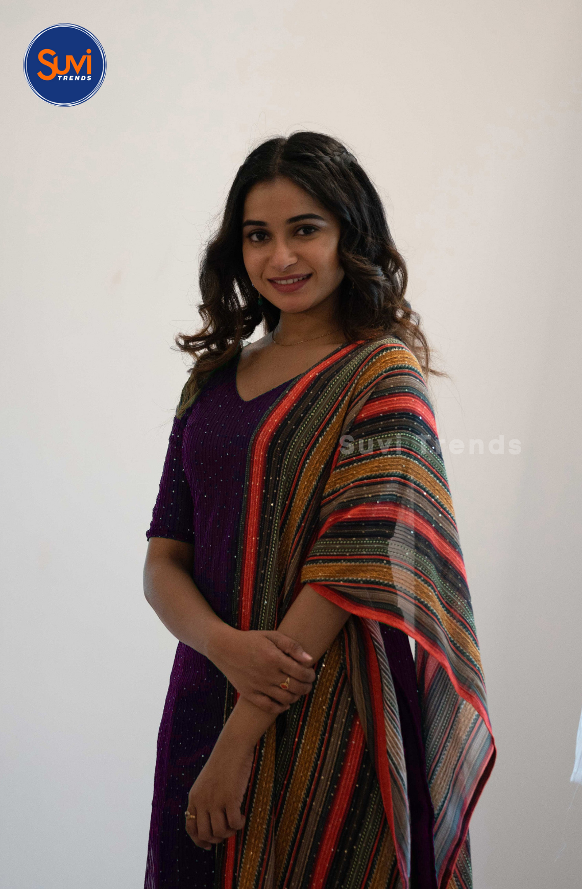 Wine Net Sequins Top with Multi-Colour Dupatta