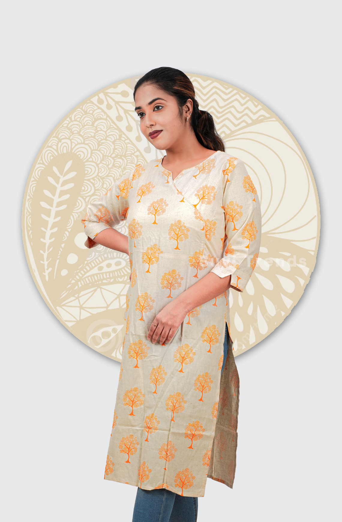 Tree Motif Printed Straight Kurta - Orange