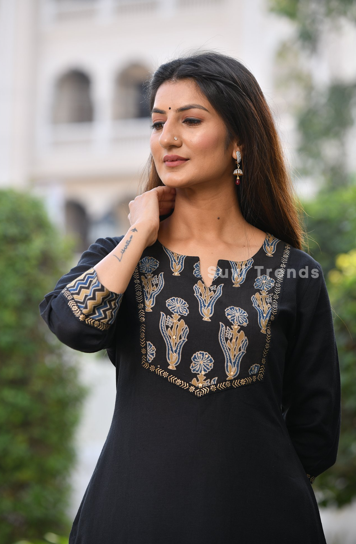 Linen Straight Kurta with Printed Yoke - Black