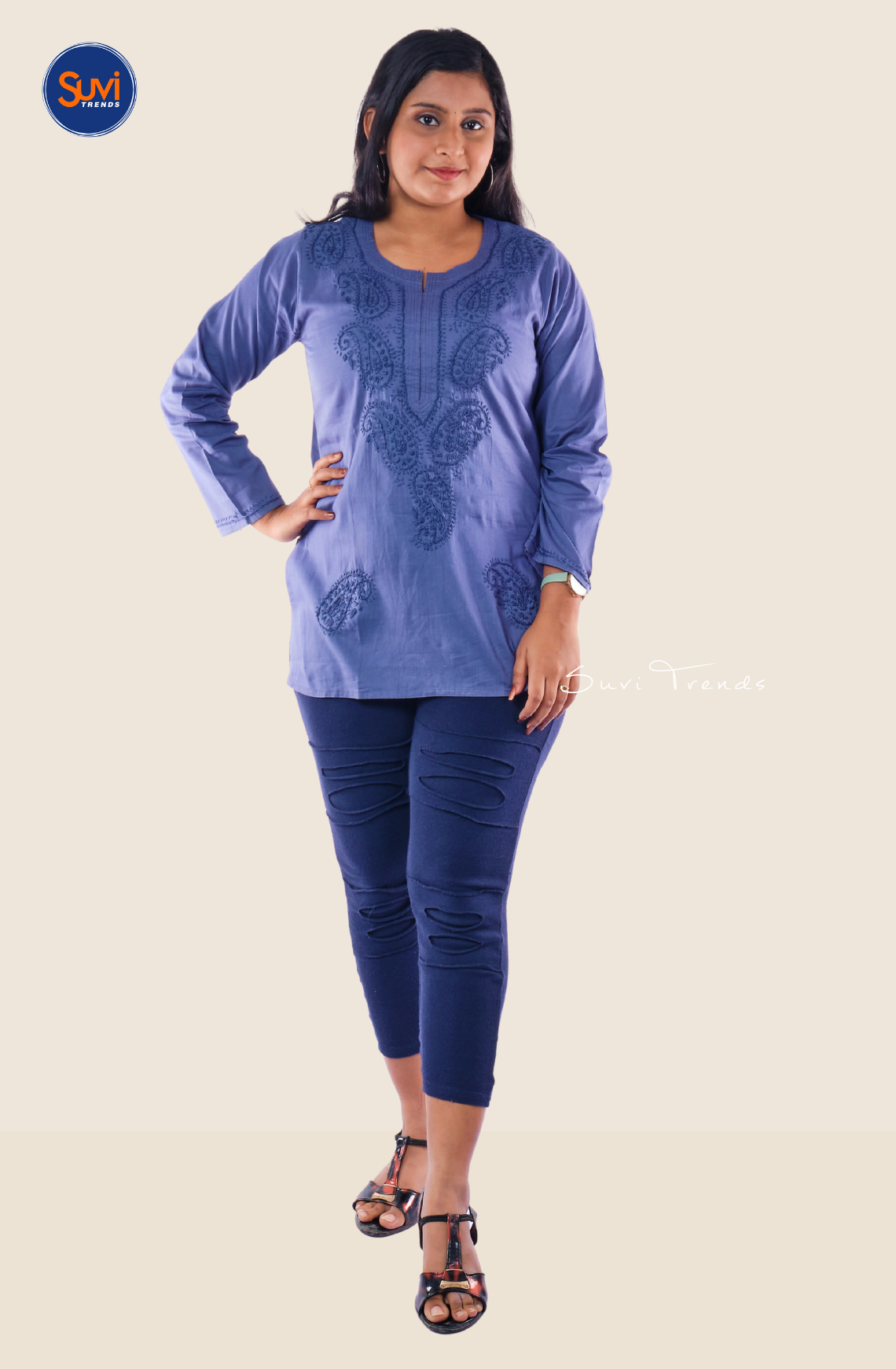 Lucknowi Hand Embroidered Chikankari Top - Ink Blue
