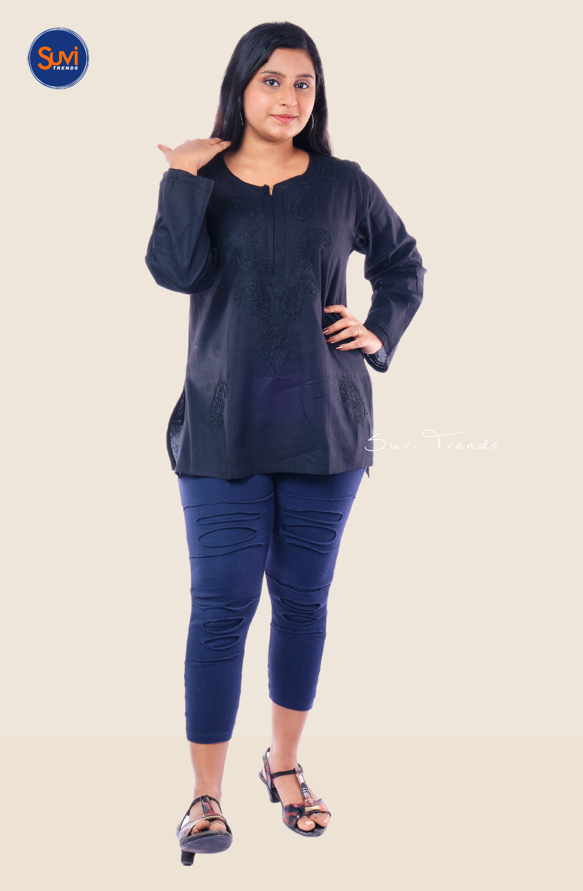Lucknowi Hand Embroidered Chikankari Top - Black