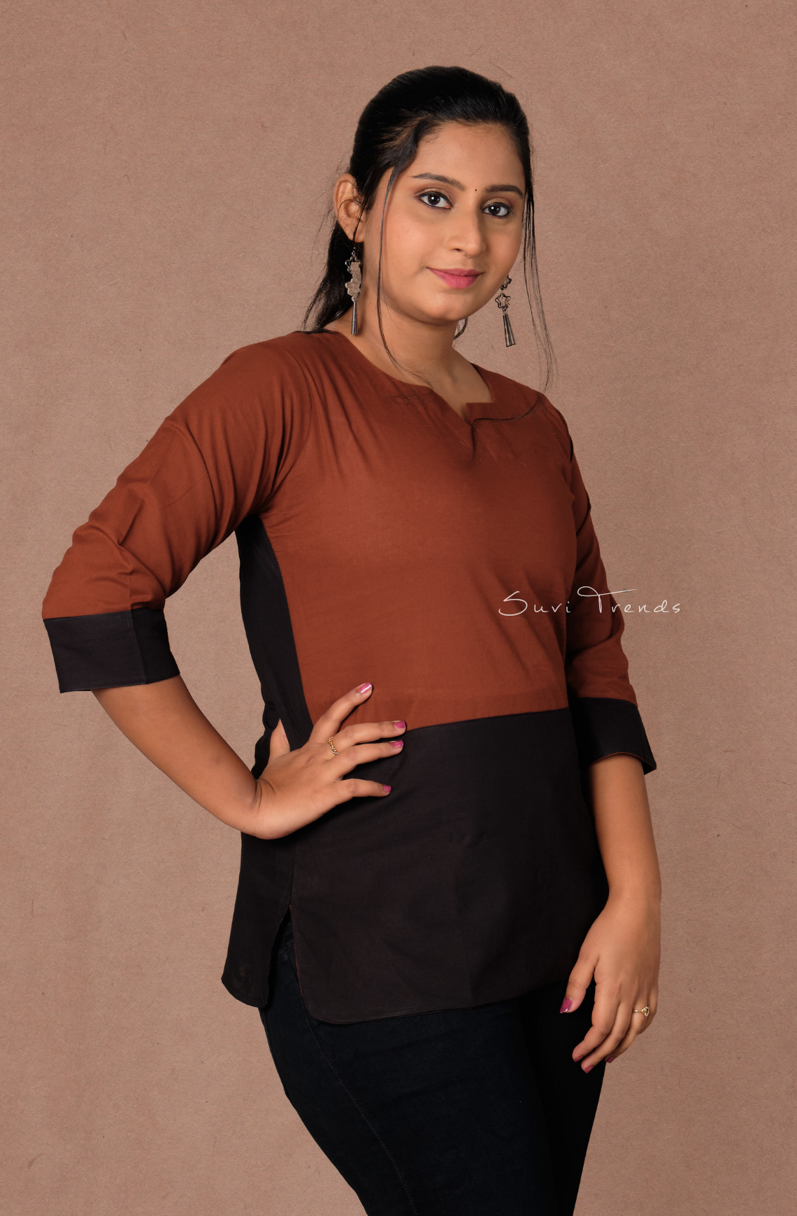 Solid Multi-Colour Straight Kurti - Brown & Black