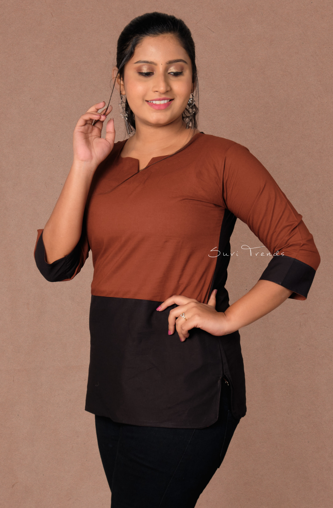 Solid Multi-Colour Straight Kurti - Brown & Black
