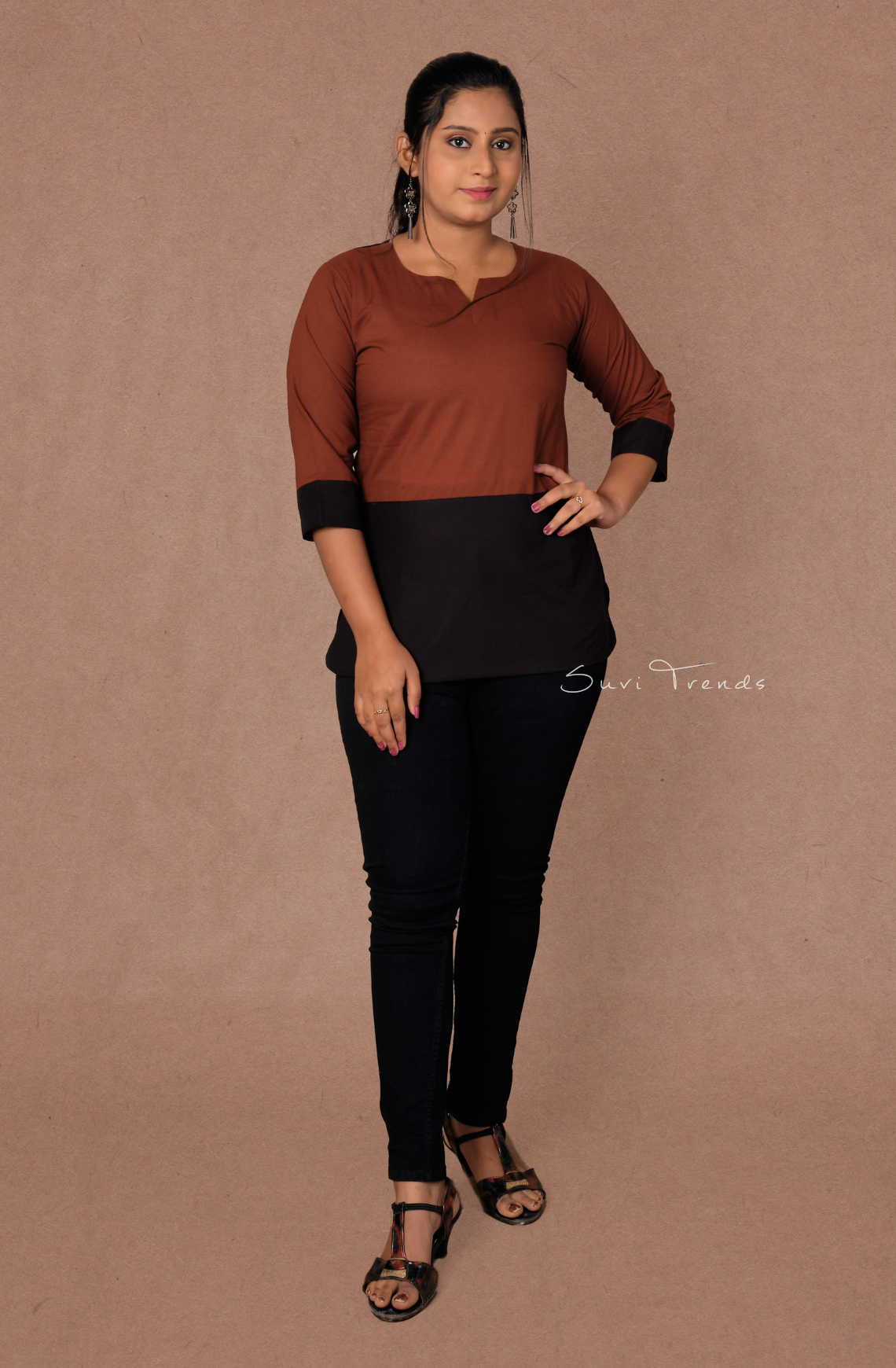 Solid Multi-Colour Straight Kurti - Brown & Black