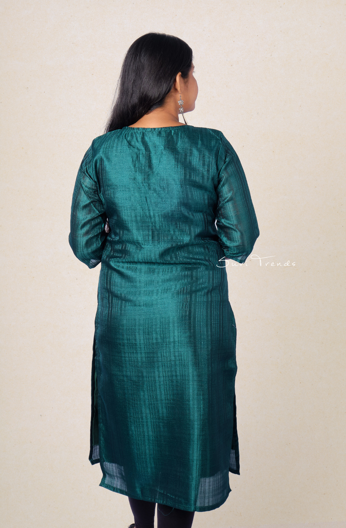 Solid Striped Kurta with Embellishment - Peacock Green