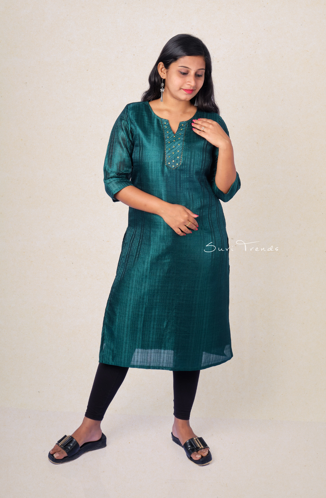 Solid Striped Kurta with Embellishment - Peacock Green