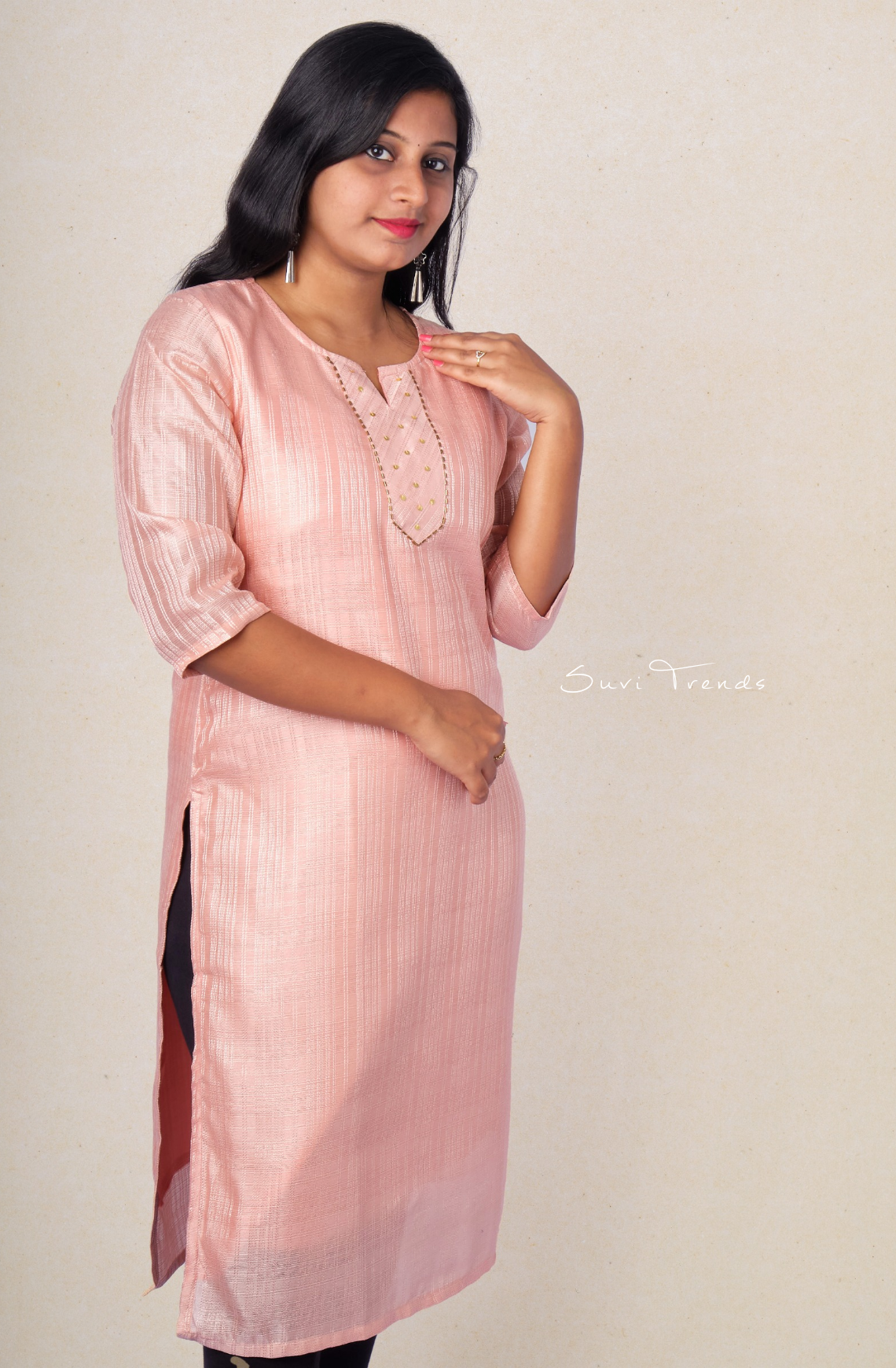 Solid Striped Kurta with Embellishment - Peach