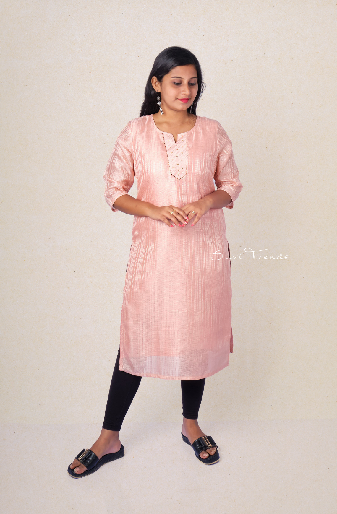 Solid Striped Kurta with Embellishment - Peach