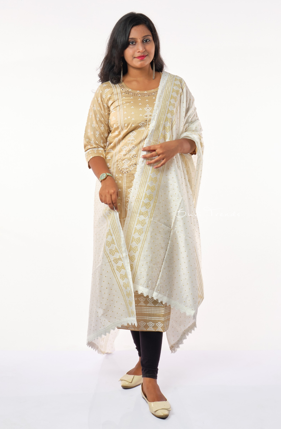 All Over Sequins Detailing Kurta with Dupatta - Beige