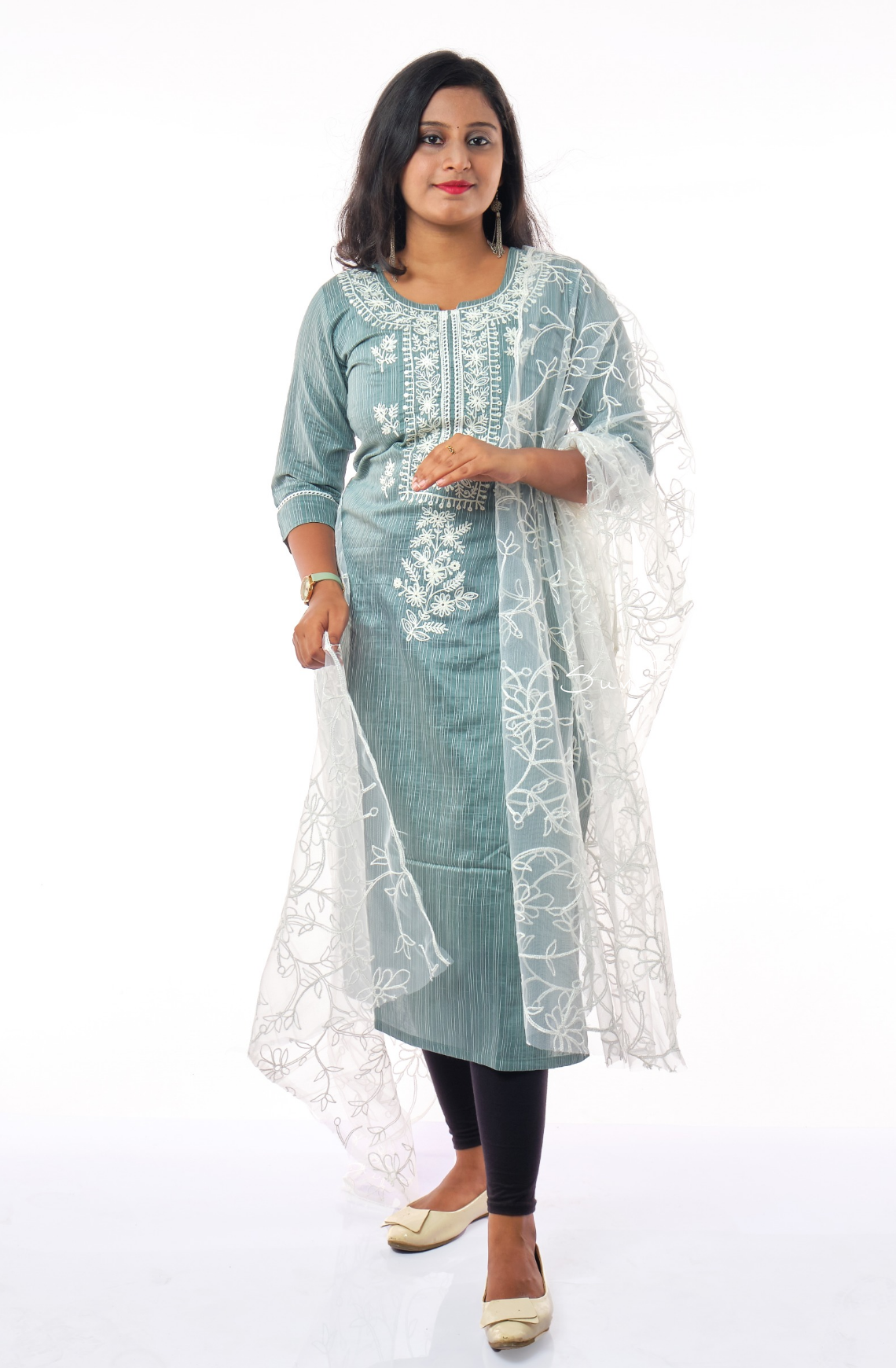 Contrast Floral Motif Embroidered Kurta with Embroidered Dupatta - Steal Blue