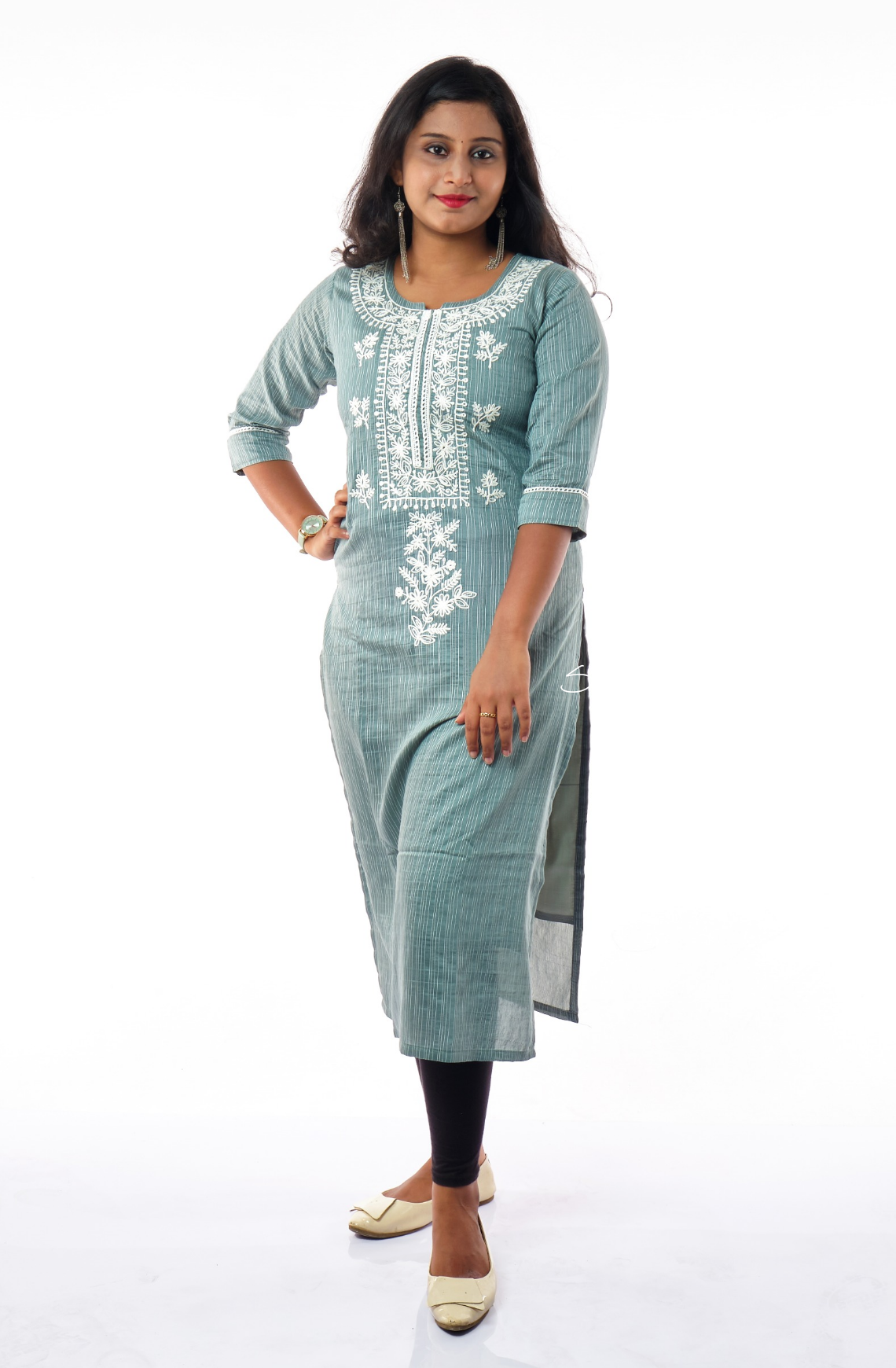 Contrast Floral Motif Embroidered Kurta with Embroidered Dupatta - Steal Blue