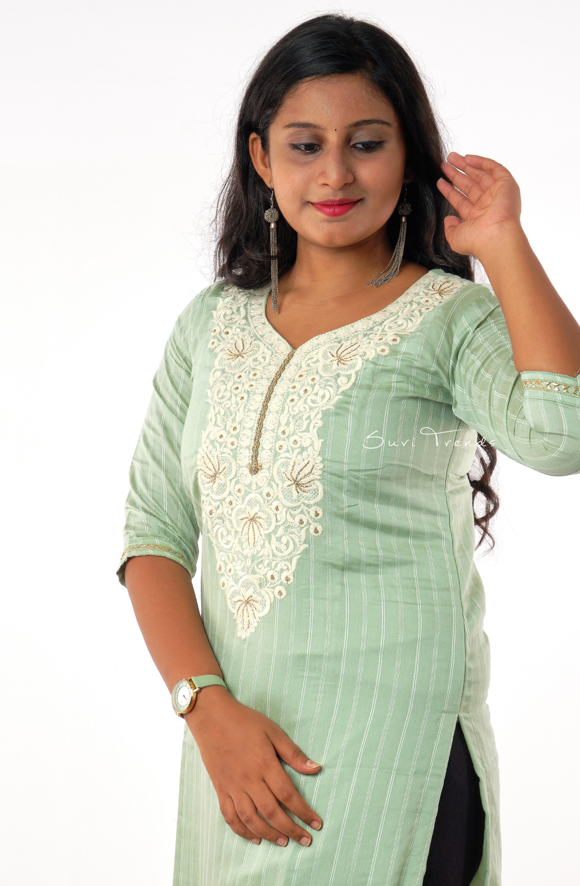 Contrast Floral Embroidered Kurta with Embroidered Dupatta - Olive Green