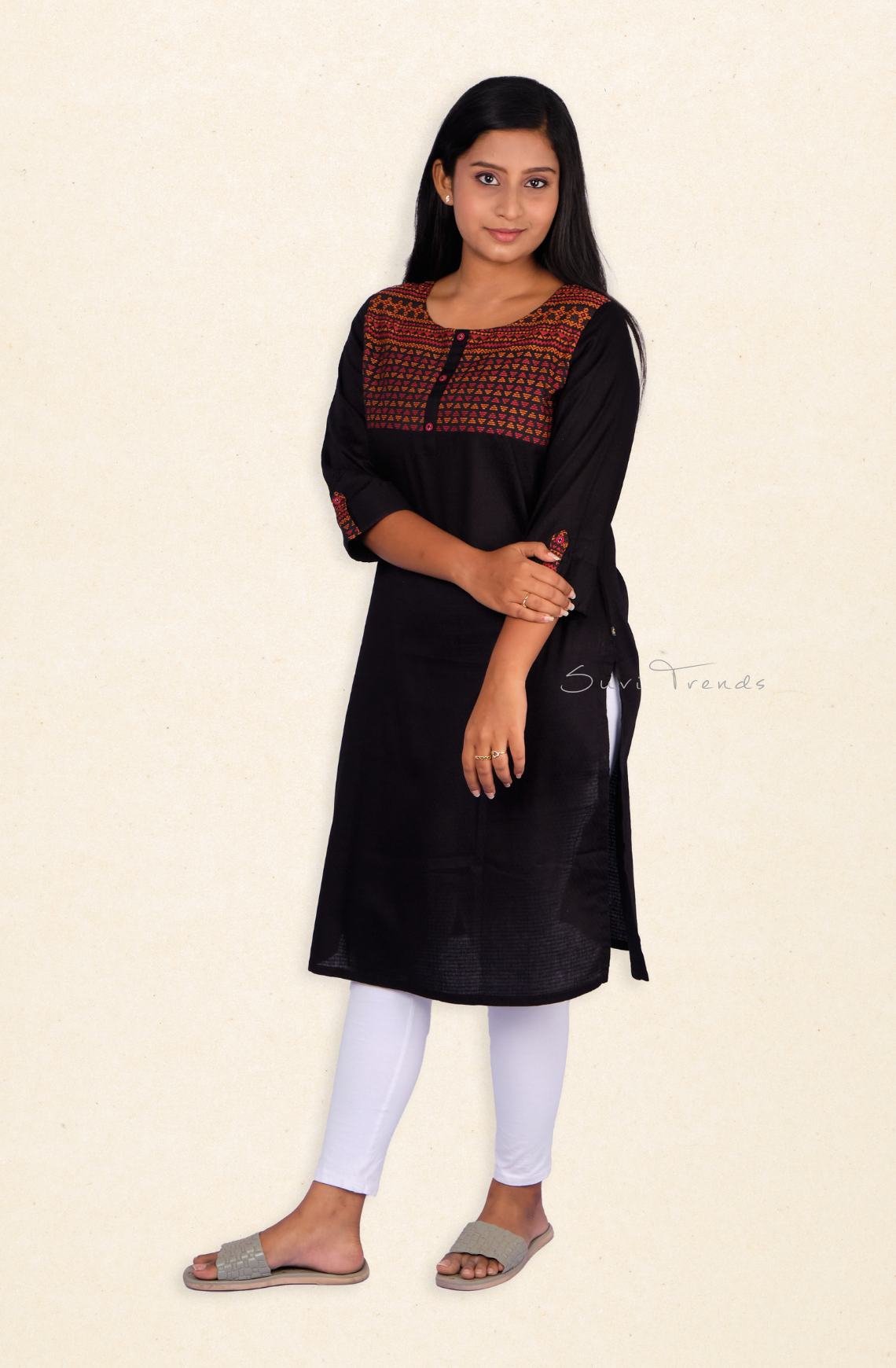 Straight Kurta with woven yoke - Black