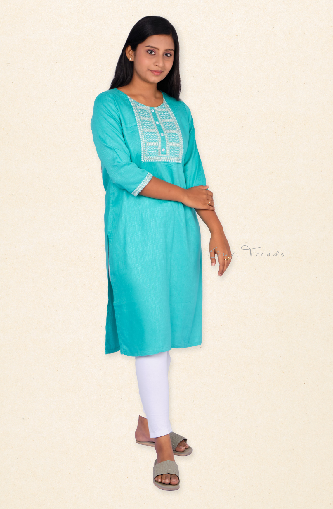Embroidered Straight Kurta - Aqua Blue