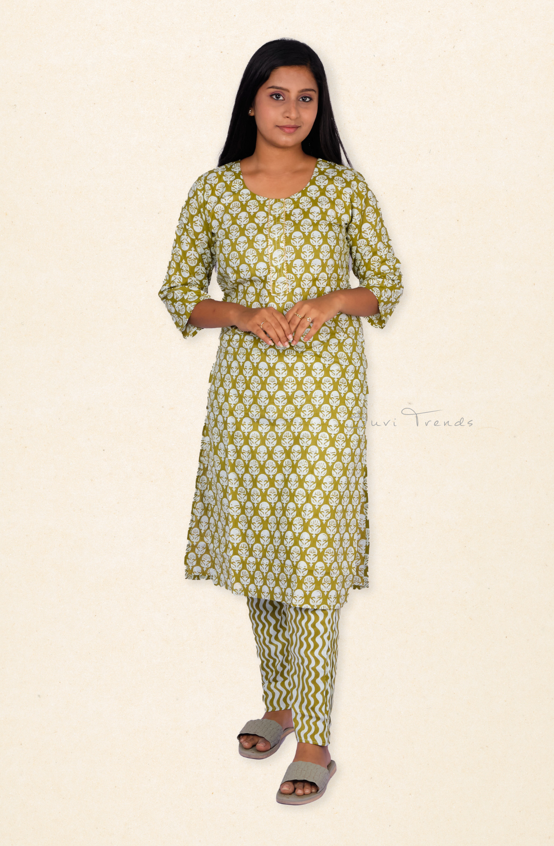 All Over Plant Motif Printed Kurta with Pant - Olive Green