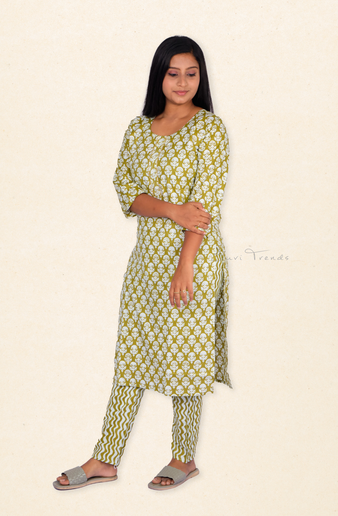 All Over Plant Motif Printed Kurta with Pant - Olive Green