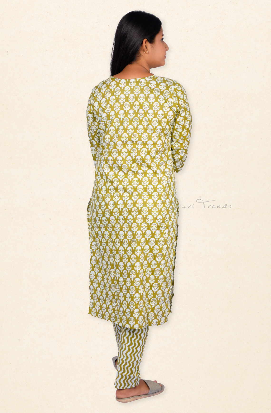 All Over Plant Motif Printed Kurta with Pant - Olive Green