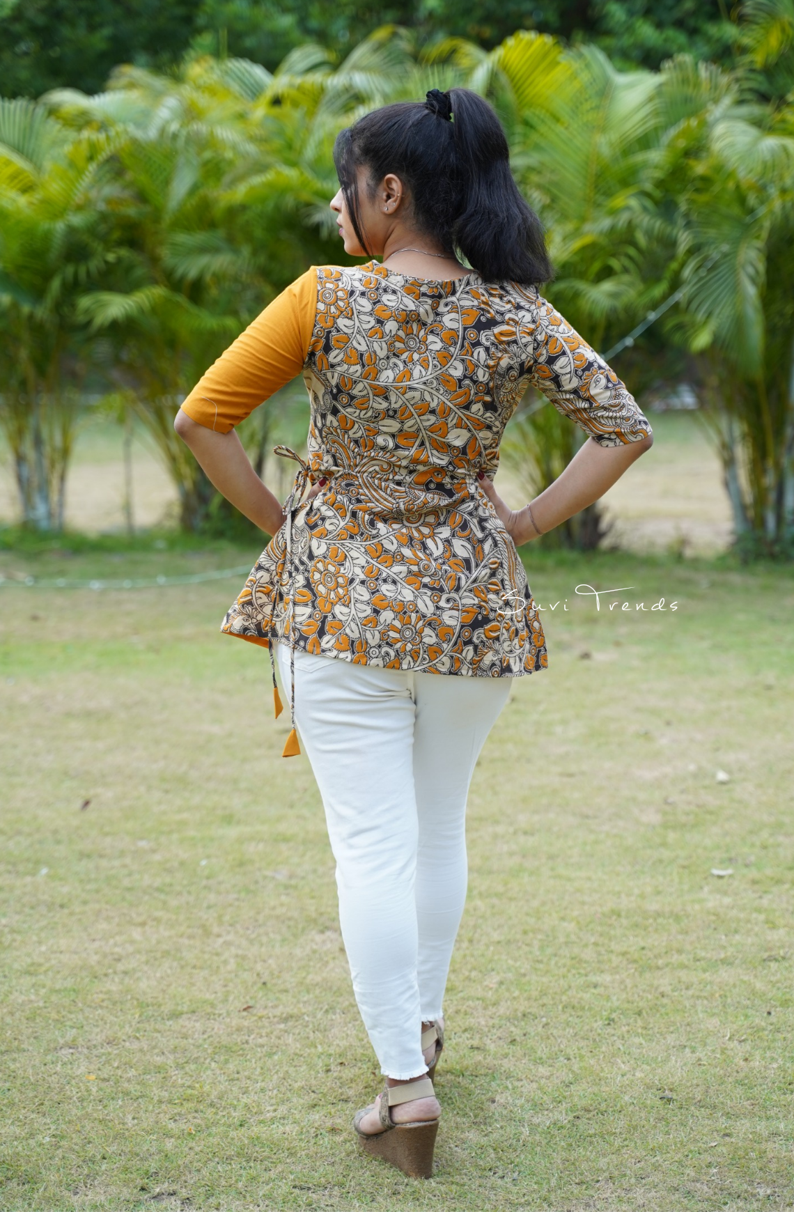 Angrakha Style Kalamkari Short Kurti - Mustard Yellow
