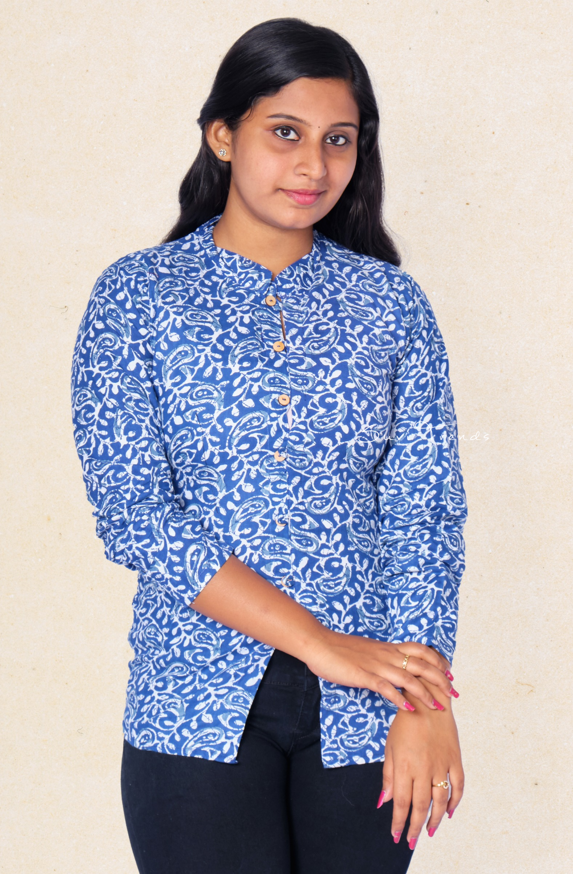Floral Printed Cotton Top - Blue