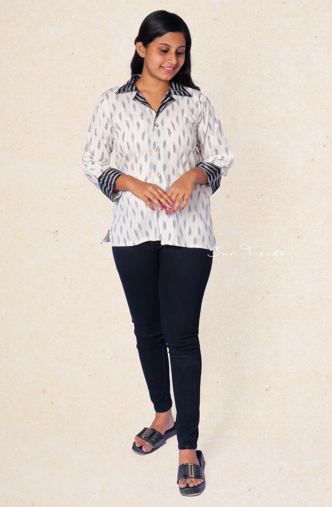 Women's Ikat Shirt with Notch Collar - Off White