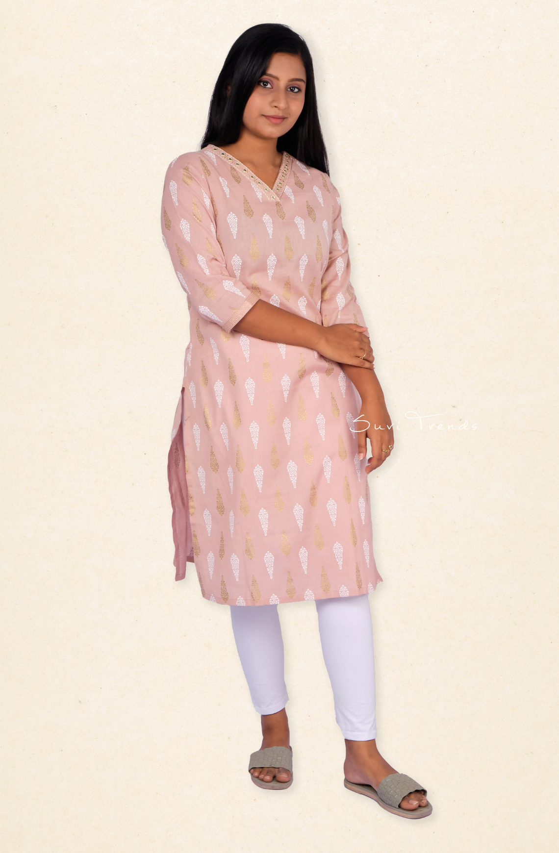 Printed V-neck Straight Kurta - Beige