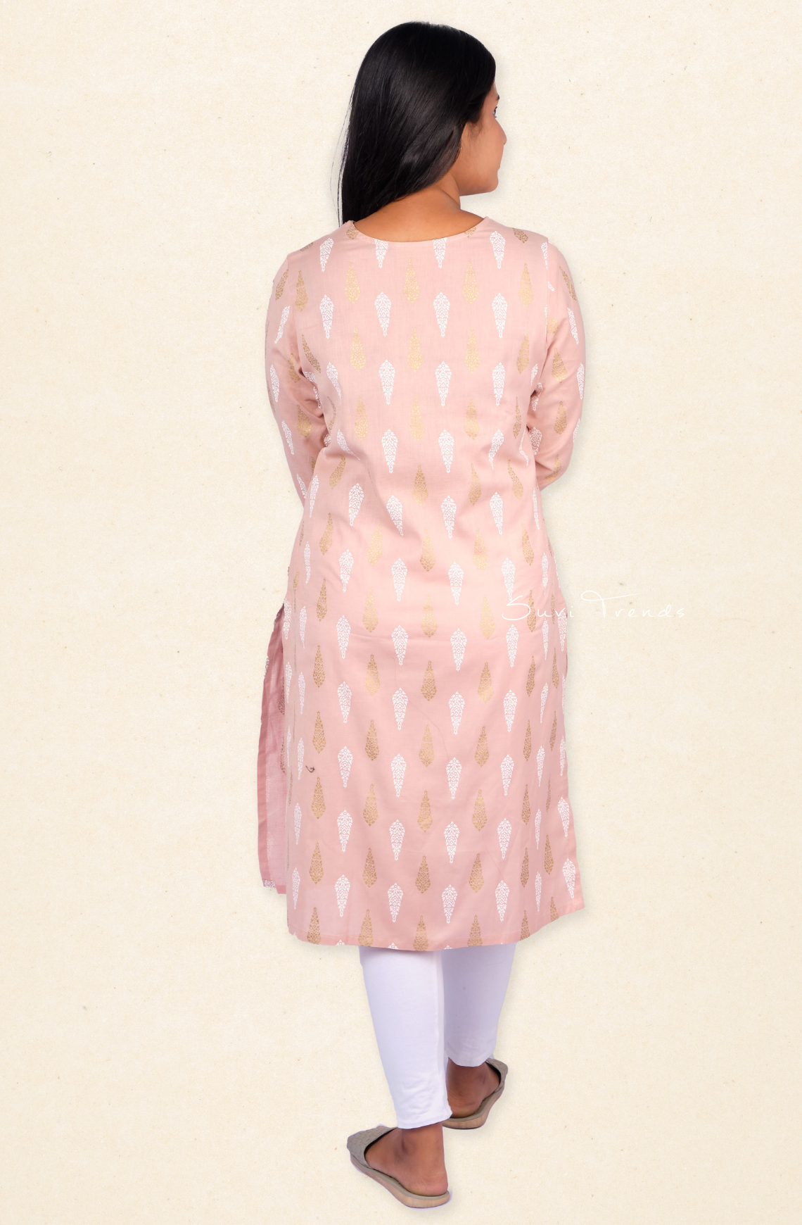 Printed V-neck Straight Kurta - Beige