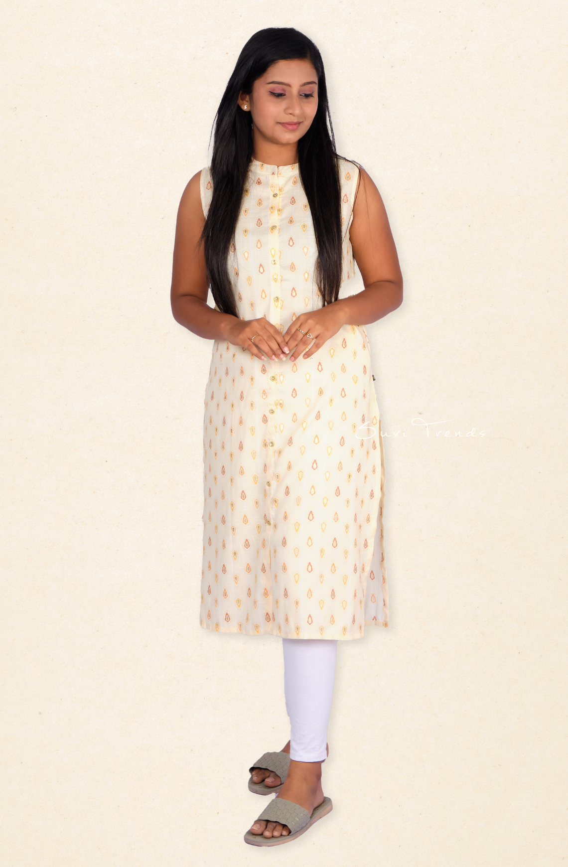 Raindrop Printed Straight Kurta - Cream