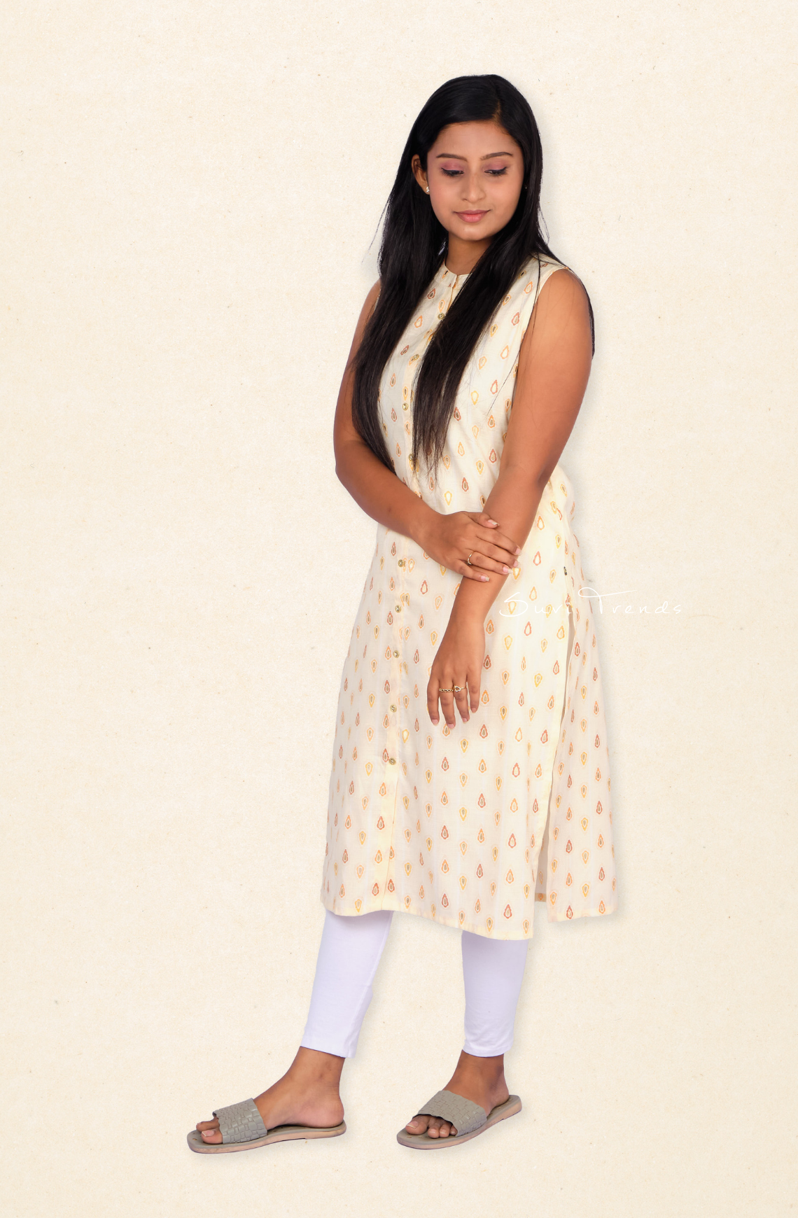 Raindrop Printed Straight Kurta - Cream