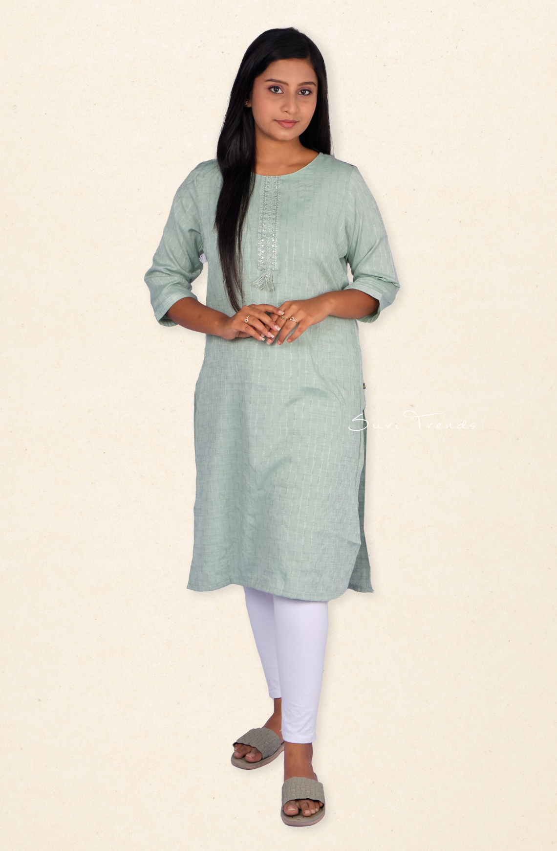 Dobby Weave Straight Kurta - Green