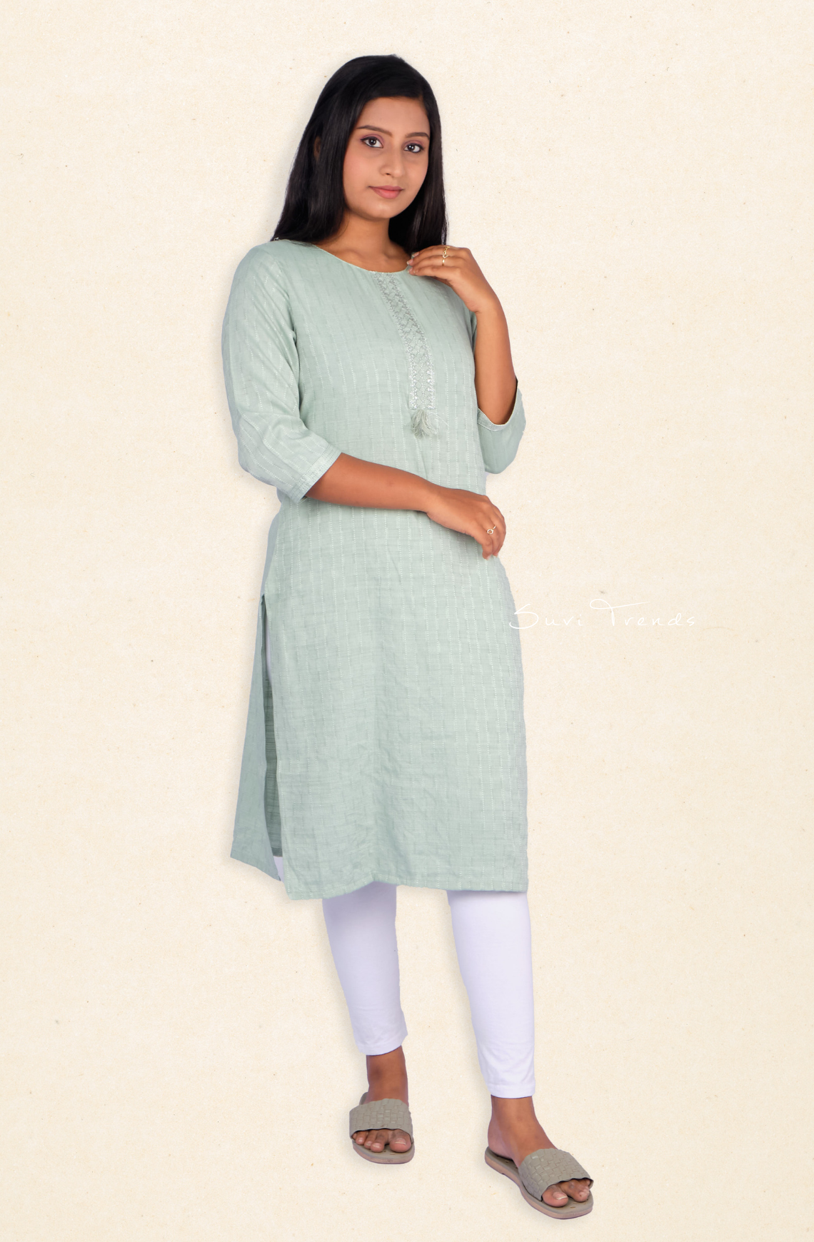 Dobby Weave Straight Kurta - Green