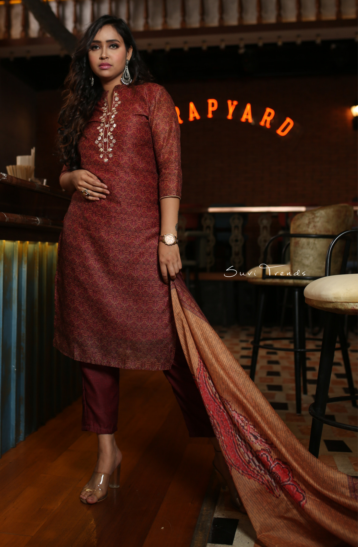 Handblock Printed Chanderi Silk Kurta Set - Maroon