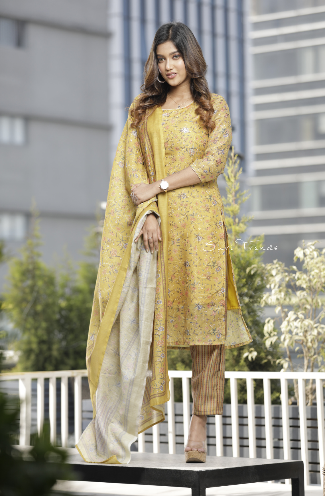 Handblock Printed Chanderi Silk Kurta Set - Mustard Yellow
