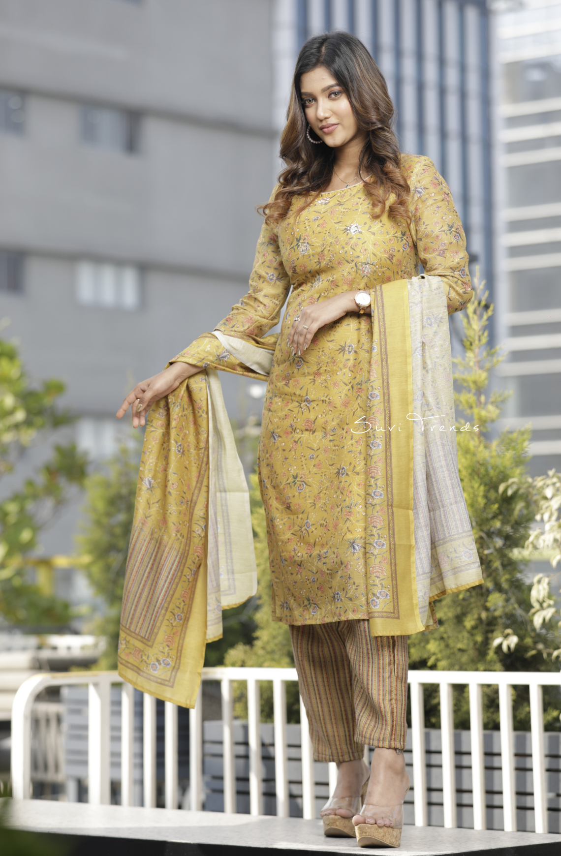 Handblock Printed Chanderi Silk Kurta Set - Mustard Yellow