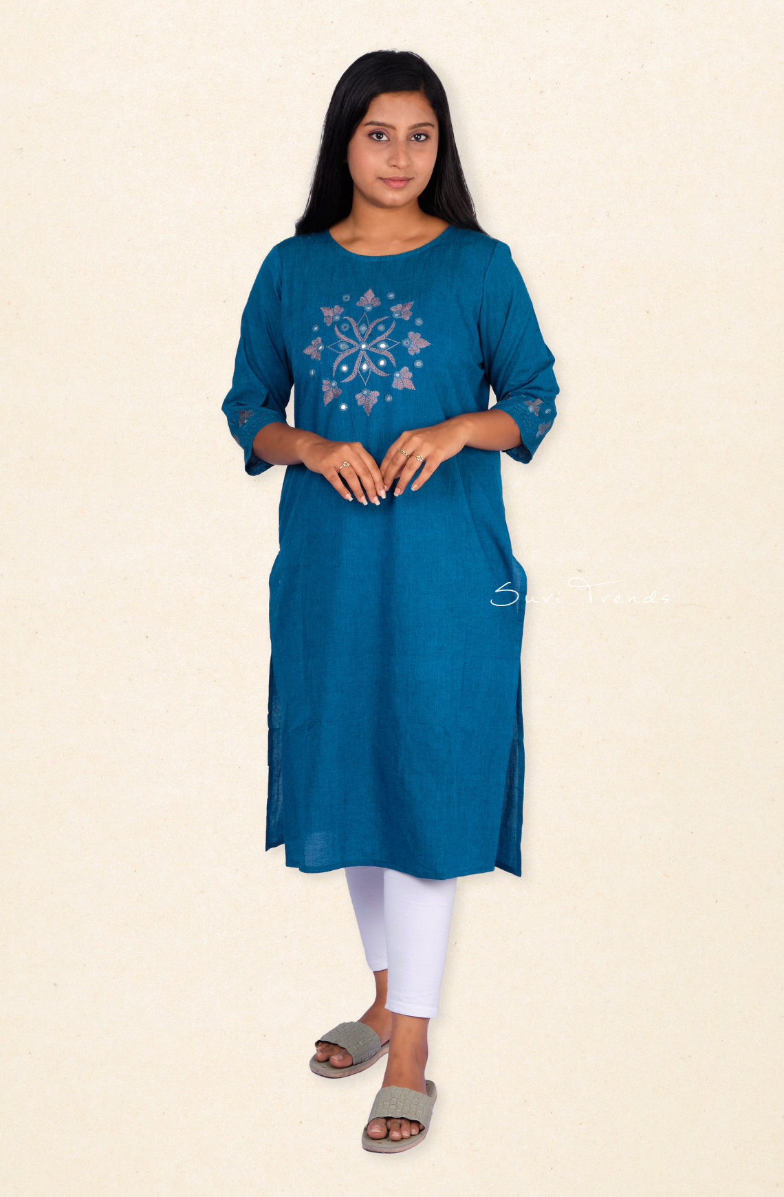 Hand Embroidered Straight Kurta - Blue
