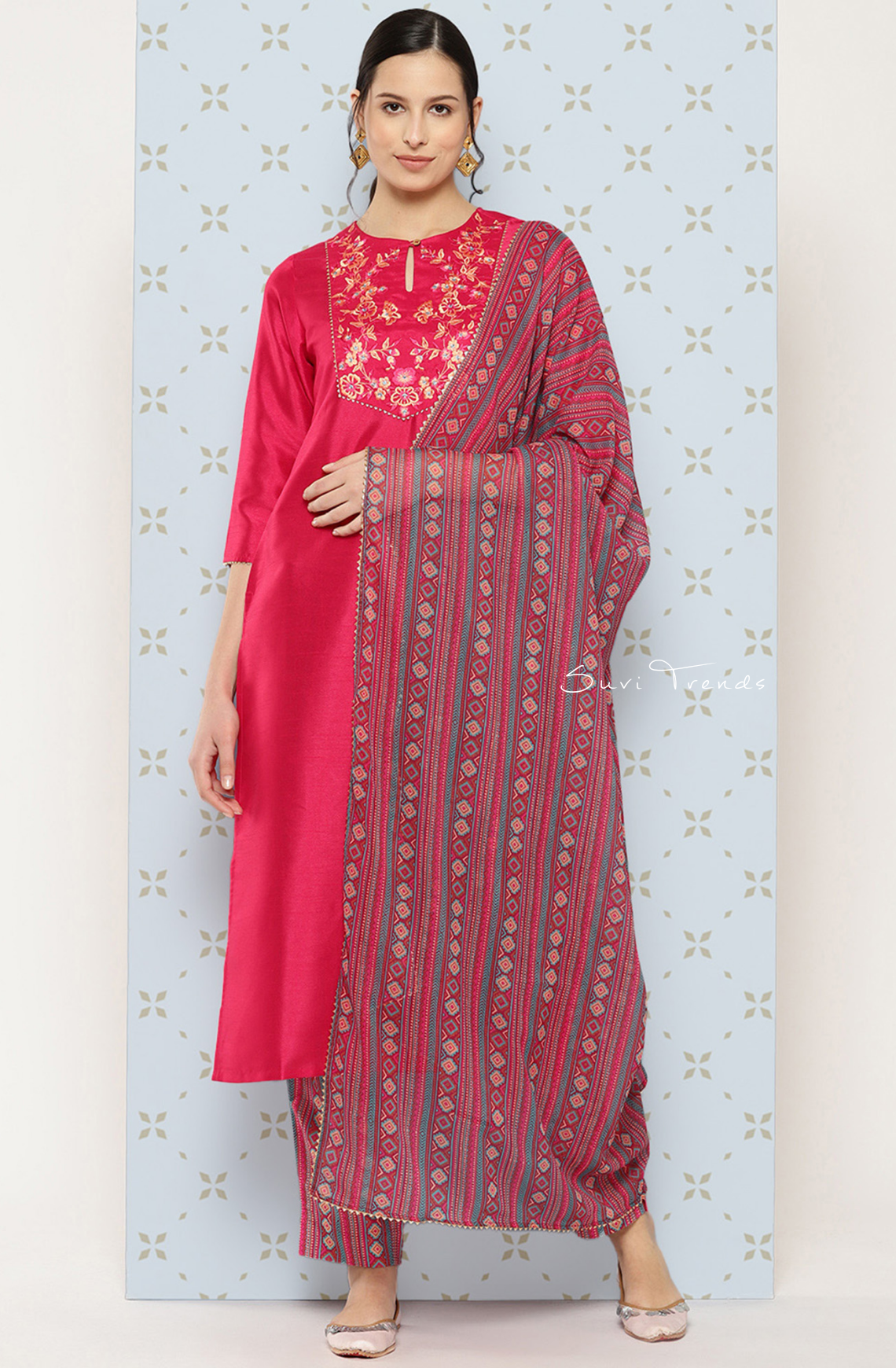 Yoke Embroidered Solid Kurta Set - Pink