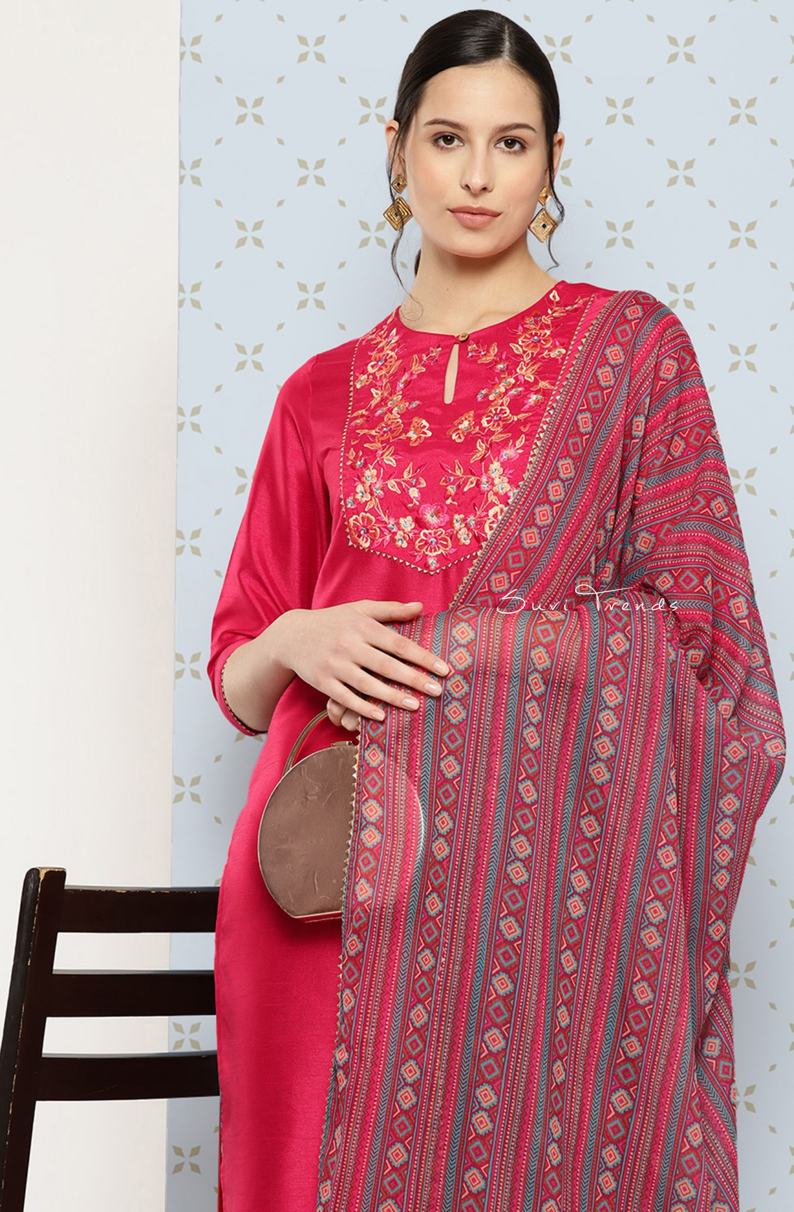 Yoke Embroidered Solid Kurta Set - Pink