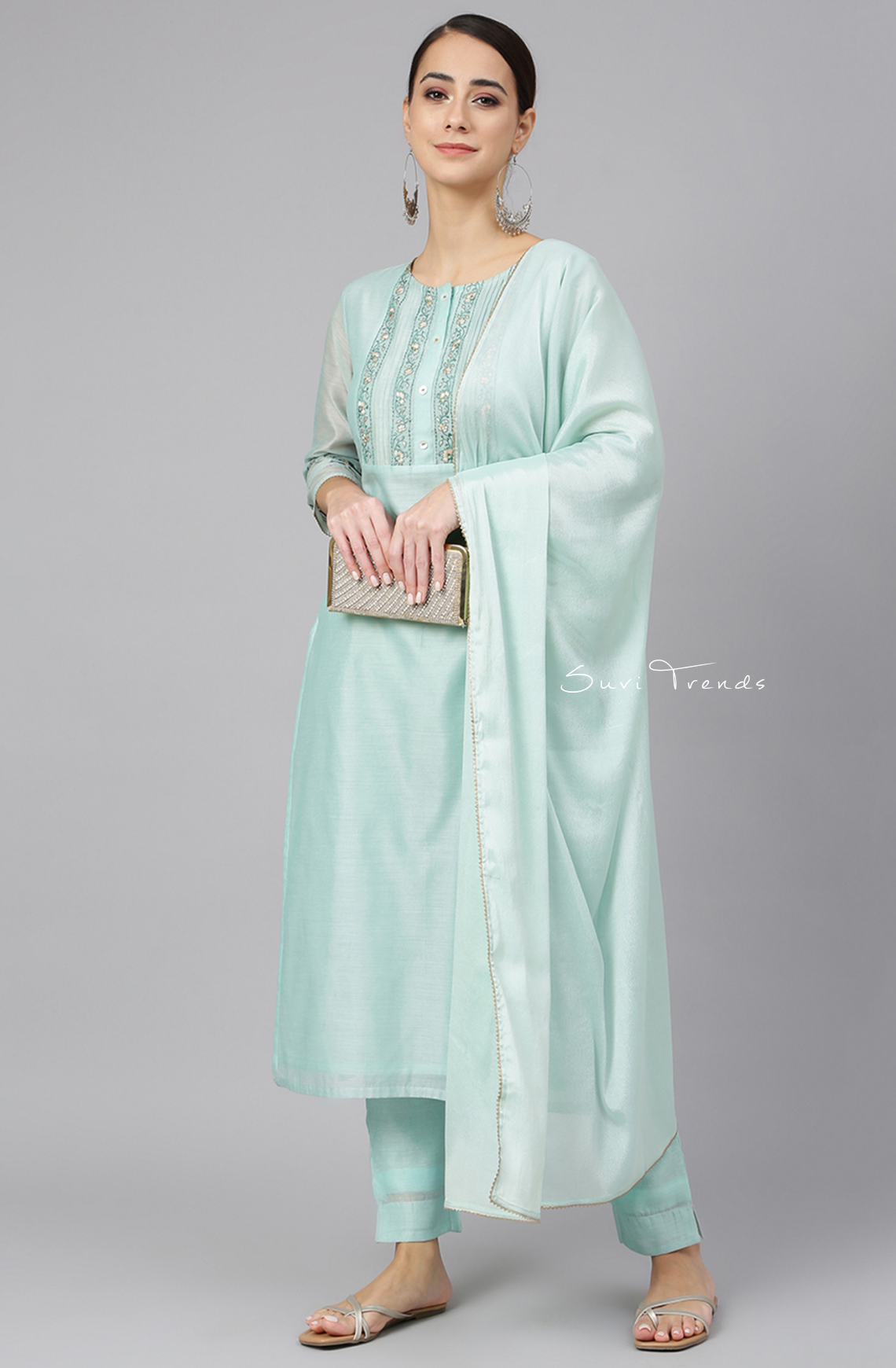 Chanderi Silk Embroidered Kurta Set - Sea Blue