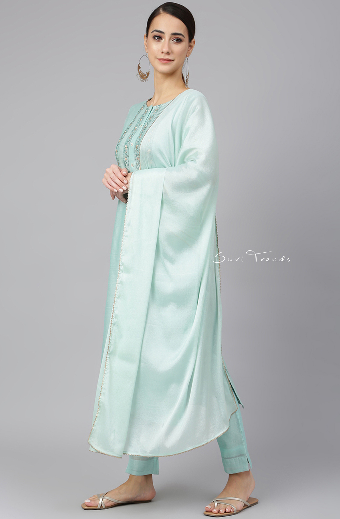 Chanderi Silk Embroidered Kurta Set - Sea Blue