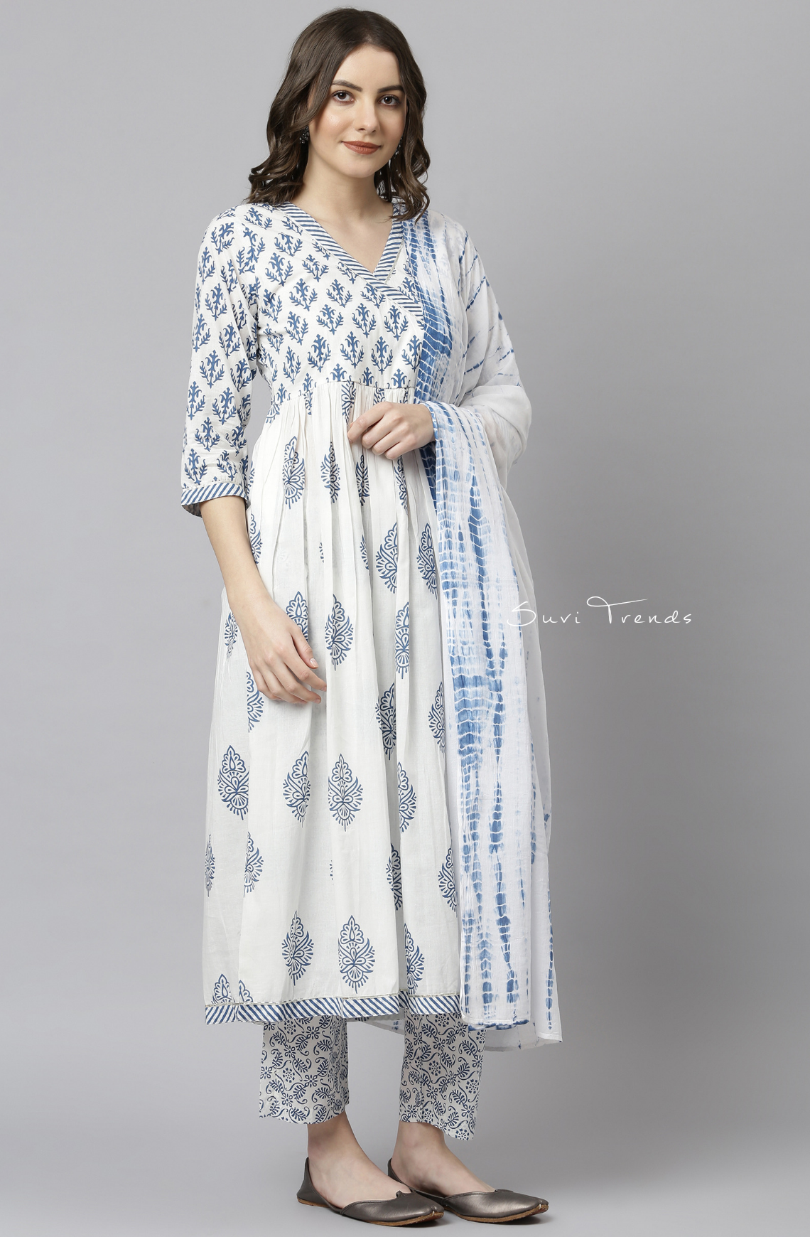 Block Printed Anarkali Set - White