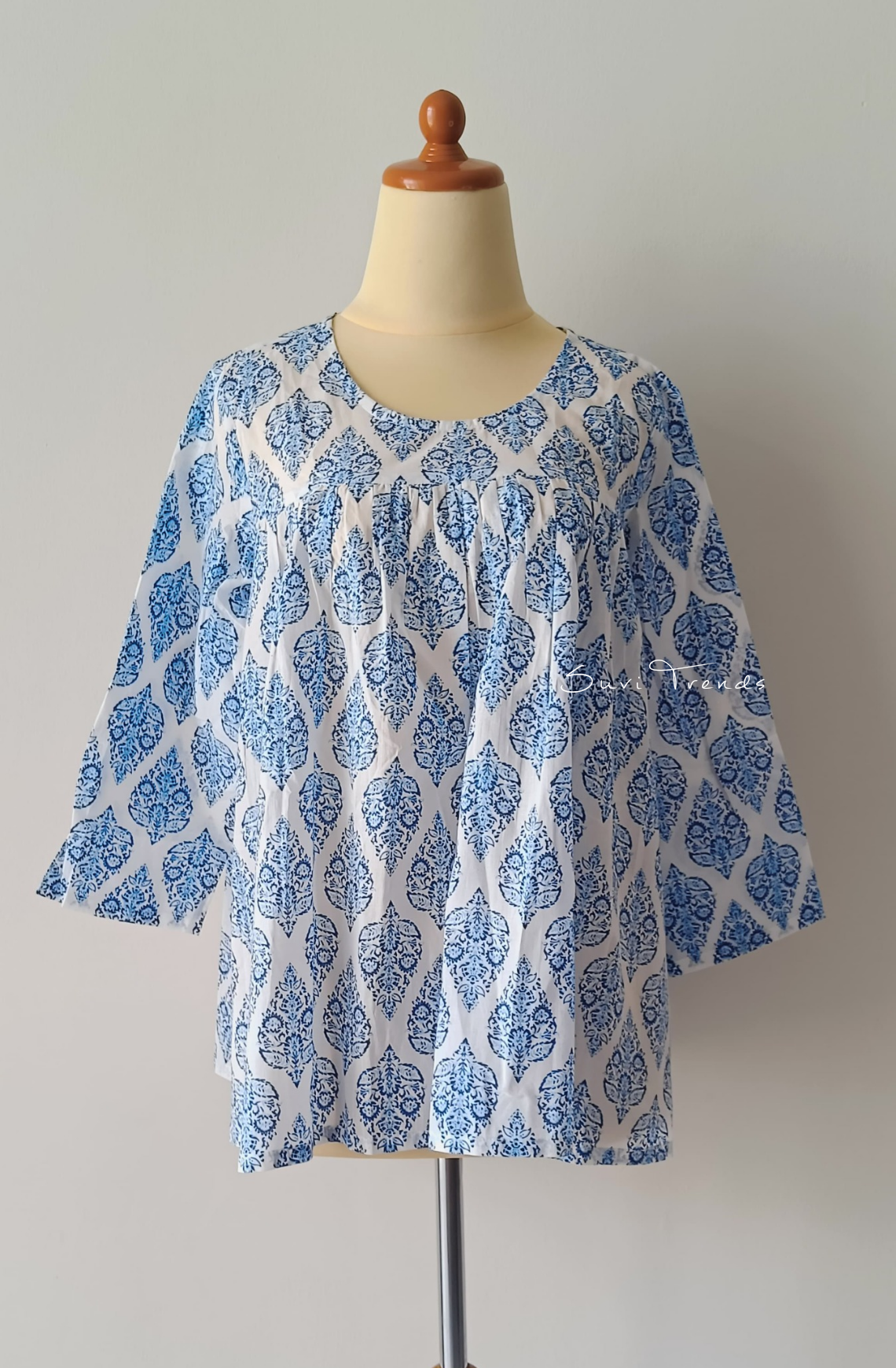Floral Hand block Printed Short Top - Blue