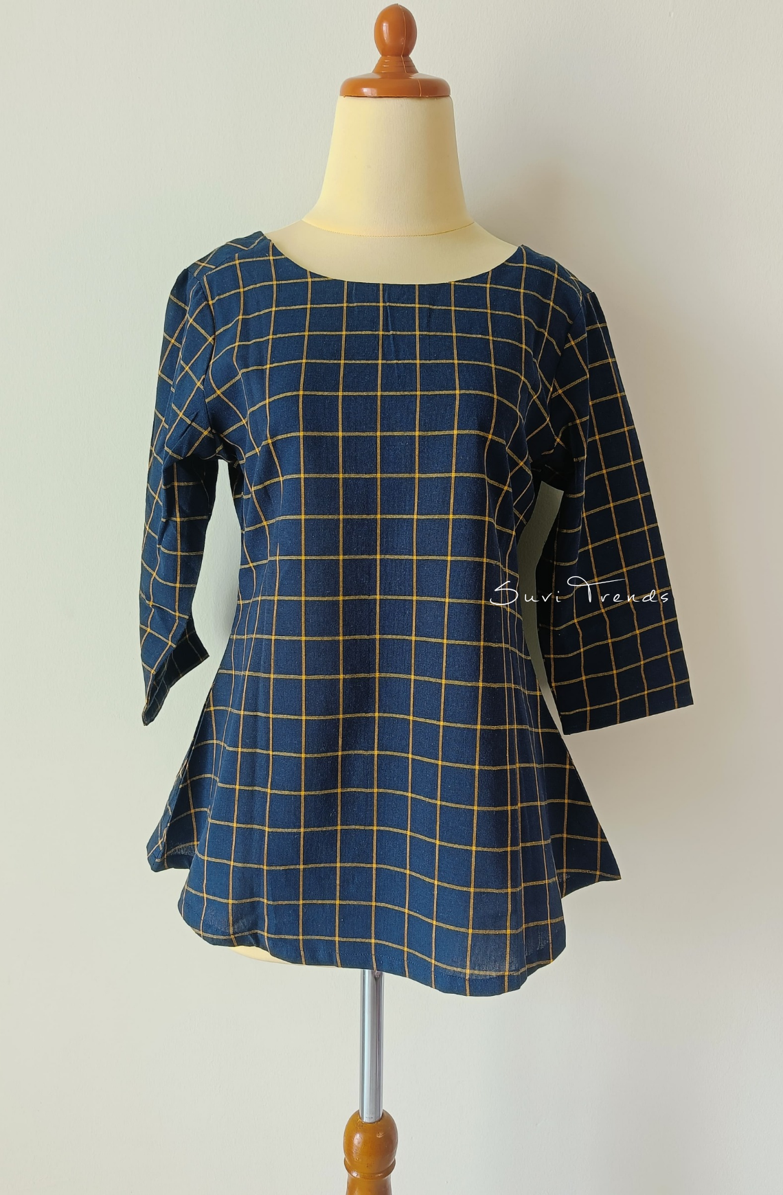 Checked Short Top with Tie-Knot - Blue