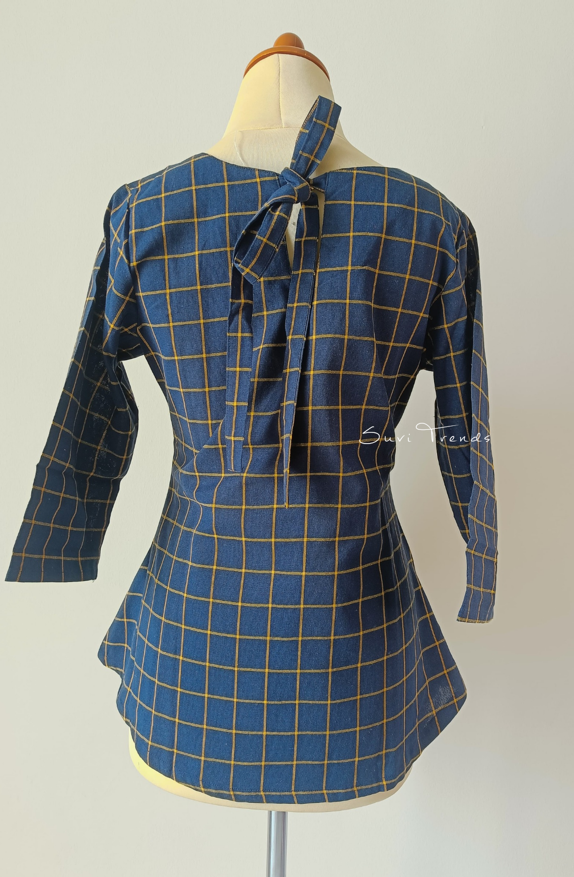 Checked Short Top with Tie-Knot - Blue