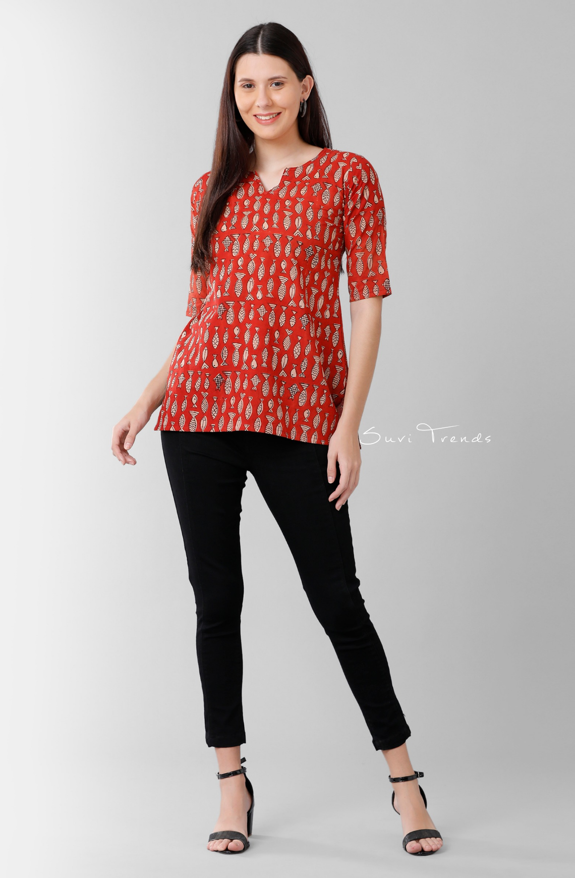 Fish Block Printed Short Top - Red
