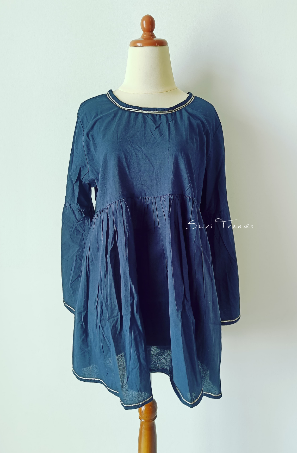 Solid Peplum Top with Bell Sleeve - Navy Blue