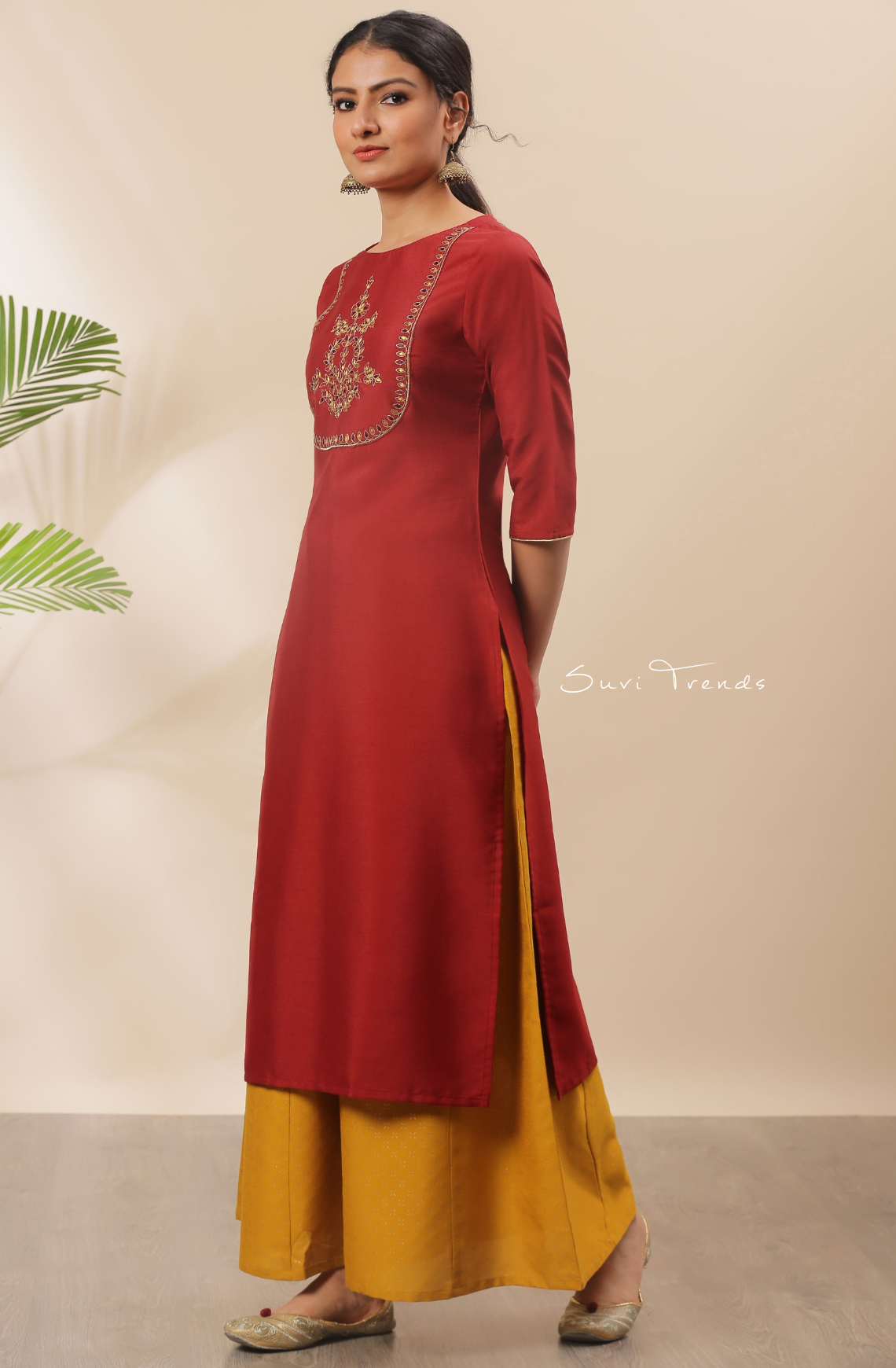 Solid Poly Silk Kurti with Embellishment - Red