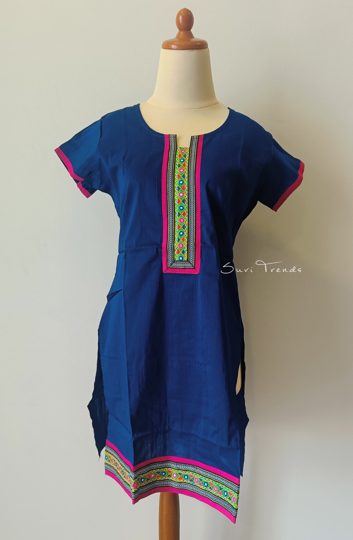 Solid Straight Kurta with Embellished Placket - Blue