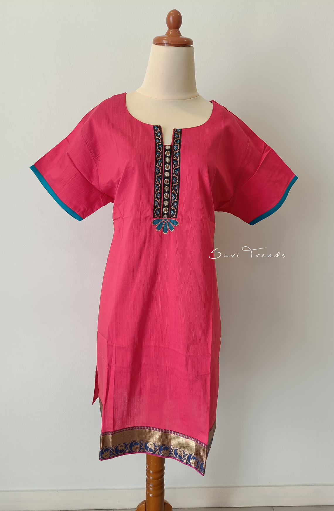 Solid Cotton Straight Kurta with Zari Border - Pink