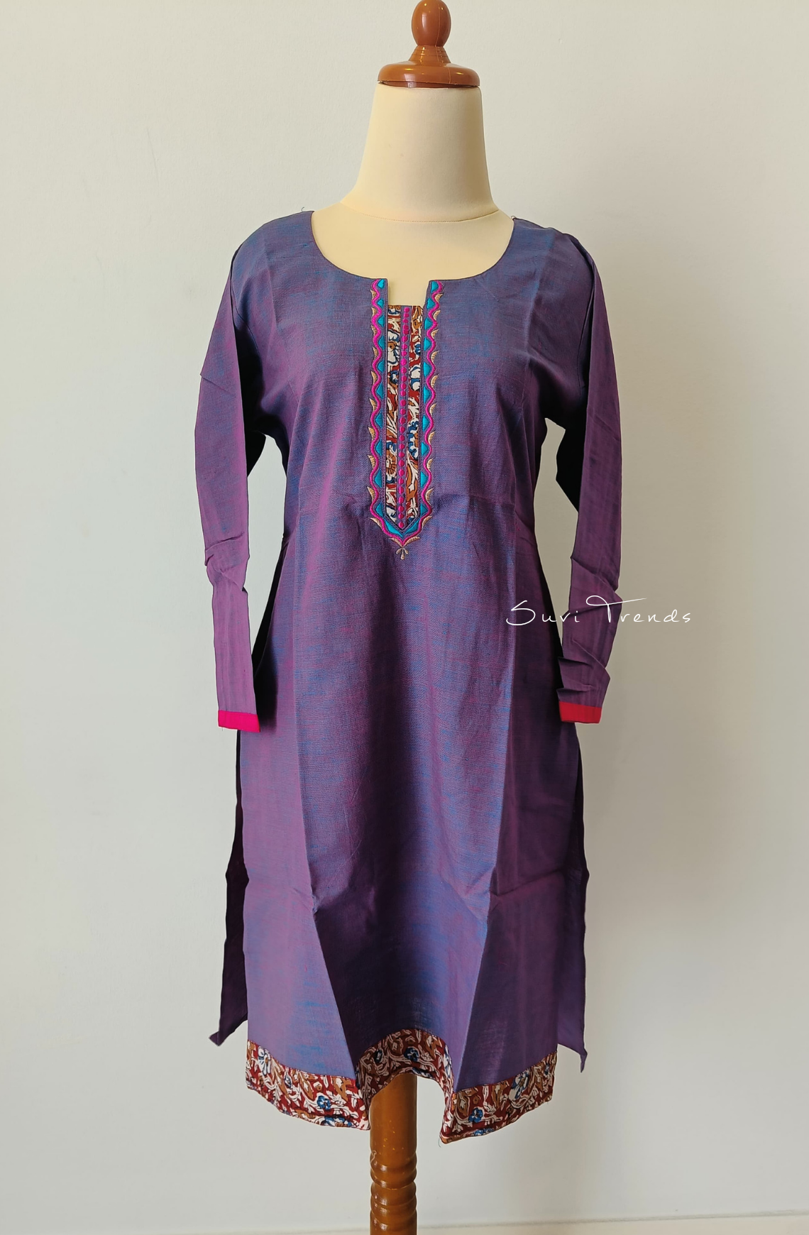 Cotton Straight Kurta with Kalamkari Border - Purple